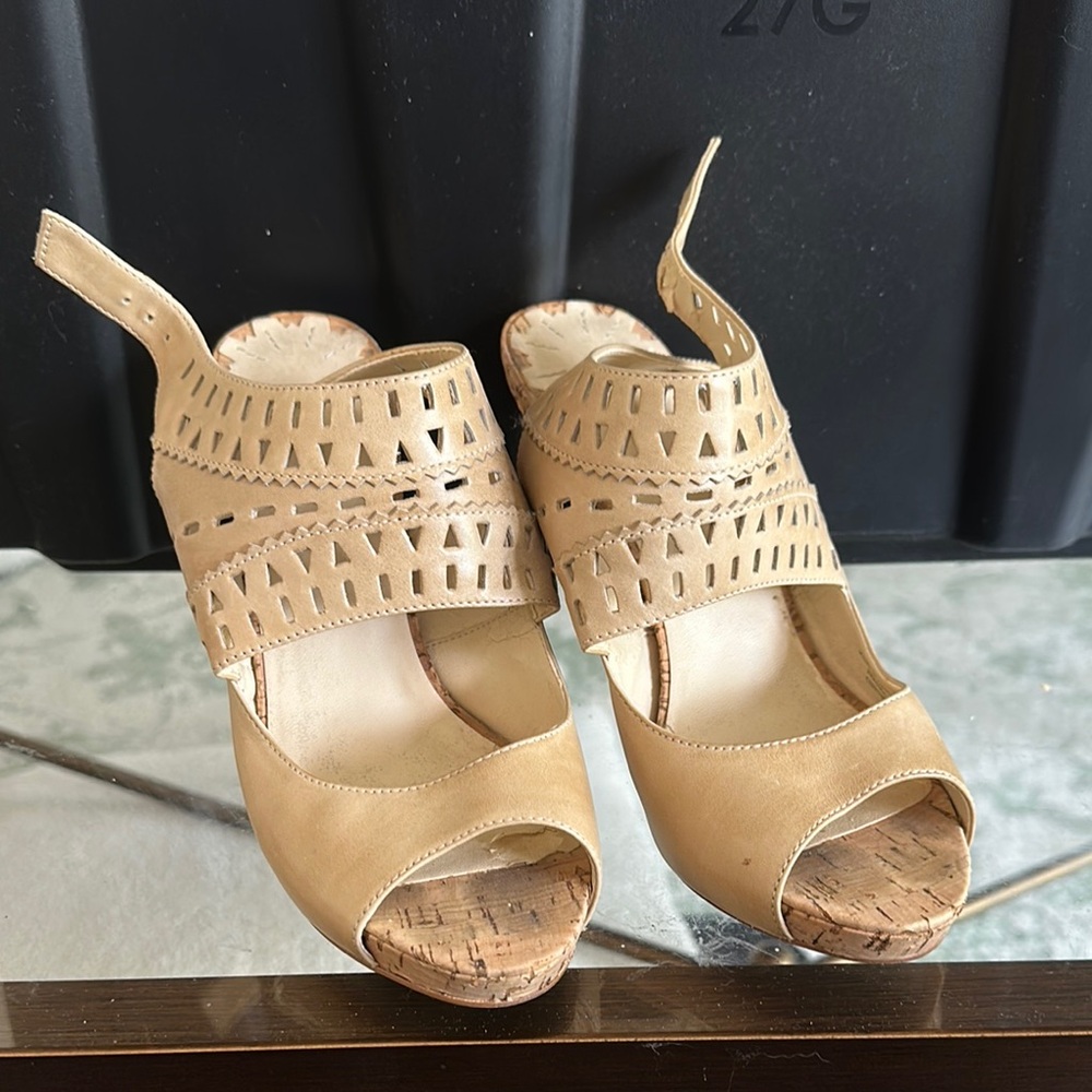 Max Studio Tan Wedges with Laser-Cut Design